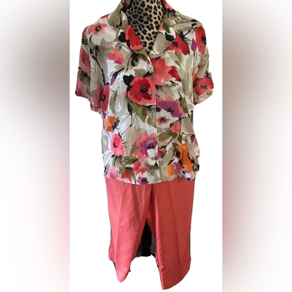 Alfred Dunner 2 Piece Top & Pants M Suit Set Floral pink Coral Top 24L X…